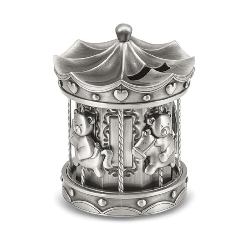 Keepsake Pewter-tone Finish Metal Teddy Bear on Horse Carousel Bank